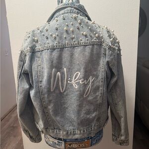 David's Bridal Wifey Jean Jacket with Pearl Accents